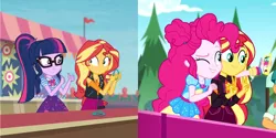 Size: 2160x1080 | Tagged: safe, derpibooru import, screencap, doodle bug, pinkie pie, sci-twi, sunset shimmer, twilight sparkle, equestria girls, equestria girls series, rollercoaster of friendship, sunset's backstage pass!, spoiler:eqg series (season 2), female, geode of empathy, geode of sugar bombs, glasses, magical geodes, male, mobile phone, offscreen character, phone, ponytail, smartphone