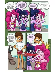 Size: 1976x2554 | Tagged: safe, artist:art-2u, derpibooru import, pinkie pie, sci-twi, twilight sparkle, oc, oc:copper plume, comic:the copperpie chronicles, equestria girls, equestria girls series, beach, blood, canon x oc, clothes, comic, commission, commissioner:imperfectxiii, copperpie, dizzy, explosive nosebleed, feet, female, freckles, glasses, hand on hip, implied timber spruce, male, male feet, nosebleed, pointing, sandals, shipping, shirt, shorts, straight, swimsuit, water