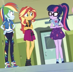 Size: 594x590 | Tagged: safe, derpibooru import, screencap, rainbow dash, sci-twi, sunset shimmer, twilight sparkle, equestria girls, equestria girls series, holidays unwrapped, spoiler:eqg series (season 2), cropped, geode of empathy, geode of super speed, geode of telekinesis, magical geodes, staring contest