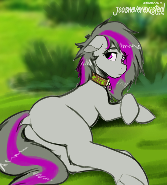 Size: 925x1024 | Tagged: safe, artist:jcosneverexisted, derpibooru import, oc, oc:ashley skys, unofficial characters only, earth pony, pony, butt, collar, dock, doodle, female, lying, lying down, mare, patreon, plot, side, solo