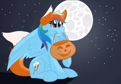 Size: 1073x745 | Tagged: safe, artist:cadetredshirt, derpibooru import, rainbow dash, pegasus, pony, wolf, wolf pony, animal costume, clothes, commission, costume, female, full body, full moon, gradient background, halloween, halloween costume, holiday, mare, moon, mouth hold, night, nightmare night, nightmare night costume, pumpkin, pumpkin bucket, rainbow, sitting, sky, solo, stars, wings, ych result