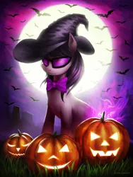 Size: 2348x3125 | Tagged: safe, artist:virus-papirus, derpibooru import, octavia melody, bat, earth pony, pony, bowtie, clothes, costume, female, full moon, glasses, halloween, halloween costume, hat, holiday, hooves, jack-o-lantern, mare, moon, nightmare night, pumpkin, solo, sunglasses, witch hat