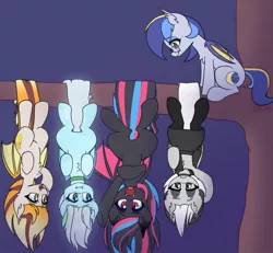 Size: 1382x1275 | Tagged: safe, artist:puetsua, derpibooru import, oc, oc:aurum fruitage, oc:azur lachrimae, oc:chalk white, oc:eclipse lim, oc:neon darksky, unofficial characters only, bat pony, pony, bat pony oc, bat wings, chest fluff, choker, ear fluff, fangs, female, freckles, glasses, hanging, looking at each other, mare, nervous, open mouth, prehensile tail, sitting, slit eyes, smiling, sweat, tree, tree branch, unamused, upside down, wings