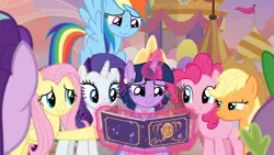 Size: 1366x768 | Tagged: safe, derpibooru import, screencap, applejack, fluttershy, pinkie pie, rainbow dash, rarity, spike, starlight glimmer, twilight sparkle, twilight sparkle (alicorn), alicorn, pony, the last problem, album, awww, banner, book, clothes, crown, dress, flag, flying, glad, happy, heartwarming, jewelry, levitation, magic, mane seven, mane six, offscreen character, princess, regalia, telekinesis