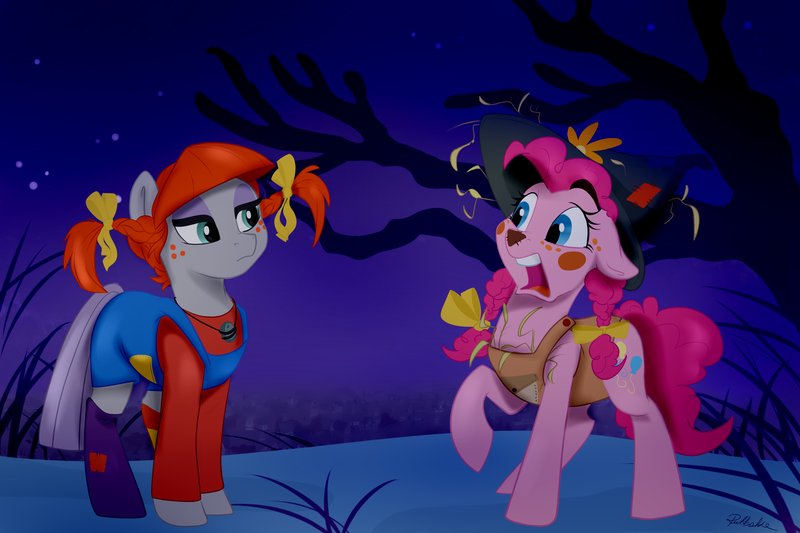 Size: 3000x2000 | Tagged: safe, artist:rutkotka, derpibooru import, maud pie, pinkie pie, earth pony, pony, clothes, costume, creepy, female, funny, halloween, halloween costume, holiday, mare, pie sisters, pippi longstocking, raised hoof, scarecrow, scared, siblings, sisters, stare