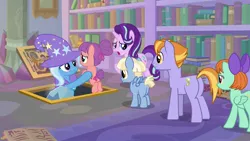 Size: 1920x1080 | Tagged: safe, derpibooru import, screencap, auburn vision, peppermint goldylinks, starlight glimmer, strawberry swing, trixie, water spout, pony, the ending of the end, clothes, friendship student, hat, trixie's hat