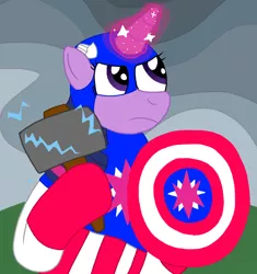 Size: 1000x1063 | Tagged: safe, artist:mtad2, derpibooru import, twilight sparkle, twilight sparkle (alicorn), alicorn, pony, the ending of the end, avengers, avengers: endgame, captain america, equestria assemble, hammer, i knew it!, mjölnir, shield, solo, thor, war hammer, weapon