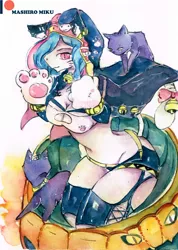 Size: 2409x3389 | Tagged: suggestive, artist:mashiromiku, derpibooru import, oc, oc:mimi, anthro, cat, pony, halloween, holiday, paw gloves, pumpkin, traditional art, watercolor painting