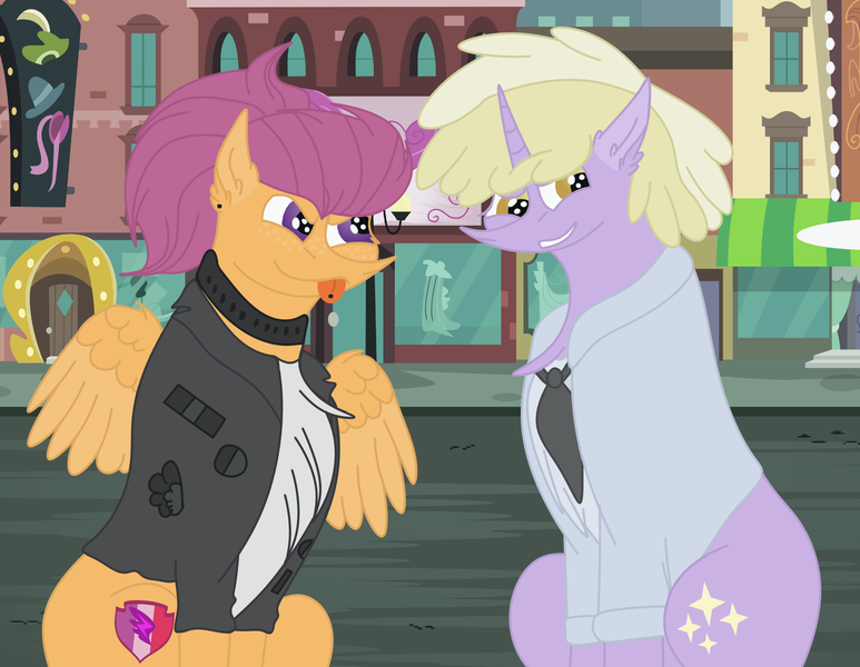 Size: 2560x1986 | Tagged: safe, artist:elhybridtrash, derpibooru import, dinky hooves, scootaloo, pegasus, pony, unicorn, alternate hairstyle, chest fluff, choker, clothes, cutie mark, dinkyloo, ear fluff, ear piercing, earring, female, freckles, jacket, jewelry, leather jacket, lesbian, mare, necktie, older, older dinky hooves, older scootaloo, piercing, shipping, shirt, spiked choker, suit, the cmc's cutie marks, tongue out, tongue piercing