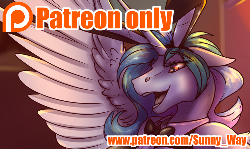 Size: 1672x1000 | Tagged: advertisement, alicorn, anthro, artist:sunny way, bunny ears, bunnylestia, bunny suit, clothes, derpibooru import, horn, open mouth, patreon, patreon exclusive ad, patreon logo, patreon preview, paywall content, princess celestia, rcf community, safe, solo, wings