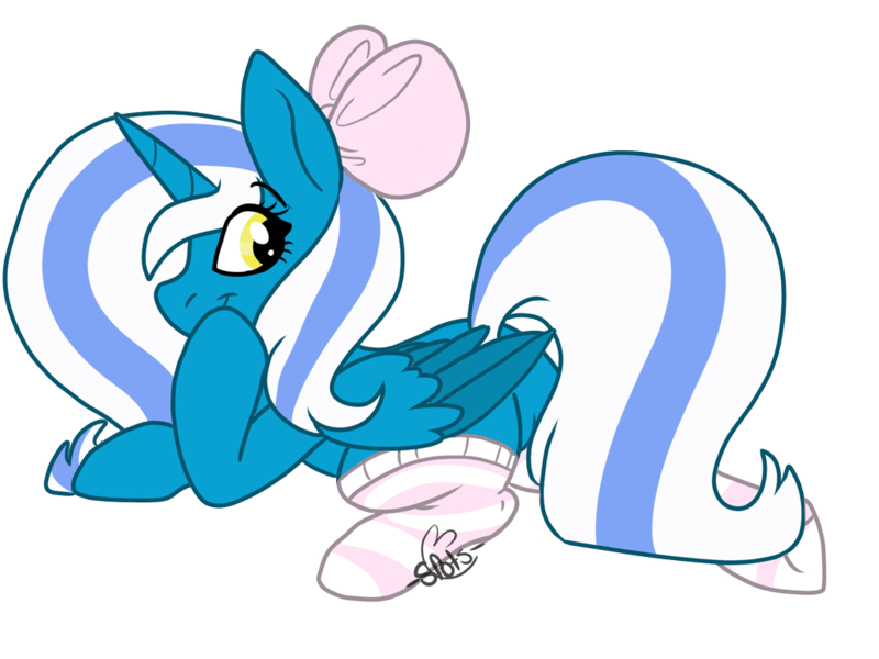 Size: 1032x774 | Tagged: safe, artist:spots-on-the-dot, derpibooru import, oc, oc:fleurbelle, unofficial characters only, alicorn, pony, adorabelle, adorasexy, alicorn oc, bow, clothes, cute, female, hair bow, horn, looking at you, looking back, looking back at you, mare, sexy, simple background, socks, solo, striped socks, transparent background, wings, yellow eyes