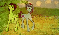 Size: 2289x1373 | Tagged: safe, artist:keshakadens, derpibooru import, oc, oc:lucky chip, oc:paradise sparkle, pony, unicorn, raised hoof