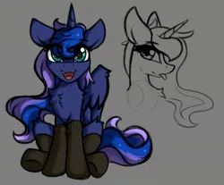 Size: 2720x2255 | Tagged: safe, artist:arjinmoon, derpibooru import, princess luna, alicorn, pony, :p, clothes, cute, eye clipping through hair, female, gray background, leg fluff, looking at you, lunabetes, mare, open mouth, simple background, socks, solo, tongue out, wing fluff