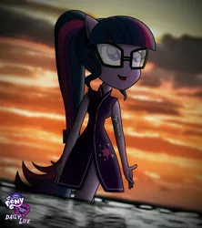 Size: 1920x2160 | Tagged: safe, artist:aryatheeditor, derpibooru import, sci-twi, twilight sparkle, equestria girls, beach, clothes, cutie mark, daily life, digital art, element of magic, geode of telekinesis, glasses, happy, magic, magical geodes, photo, ponied up, pony ears, pony tails, solo, sunset, swimsuit