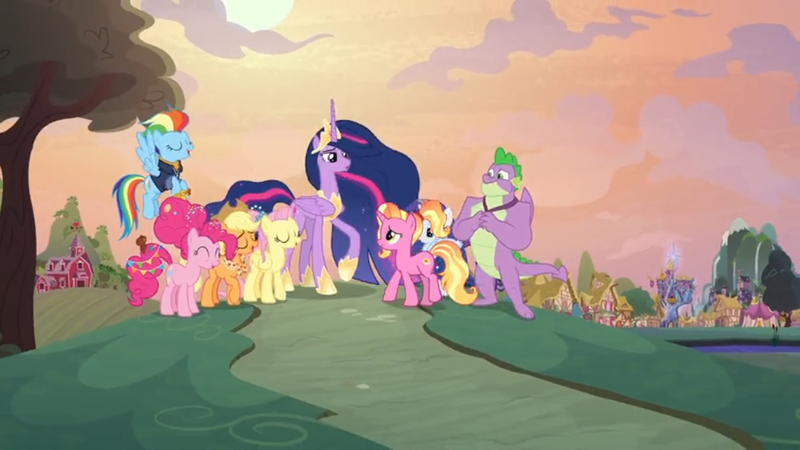 Size: 1366x768 | Tagged: safe, derpibooru import, screencap, applejack, fluttershy, luster dawn, pinkie pie, princess twilight 2.0, rainbow dash, rarity, spike, twilight sparkle, twilight sparkle (alicorn), alicorn, dragon, earth pony, pegasus, pony, unicorn, the last problem, barn, crown, gigachad spike, hoof shoes, house, jewelry, mane seven, mane six, medallion, older, older applejack, older fluttershy, older mane seven, older mane six, older pinkie pie, older rainbow dash, older rarity, older spike, older twilight, older twilight sparkle (alicorn), peytral, ponyville, regalia, twilight's castle, winged spike