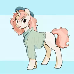 Size: 2048x2048 | Tagged: safe, artist:bokkitoki, derpibooru import, oc, oc:pastel charms, unofficial characters only, pony, unicorn, beret, clothes, female, hat, mare, solo, sweater