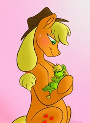 Size: 1438x1951 | Tagged: safe, artist:bellbell123, derpibooru import, applejack, oc, oc:crispin apple, dracony, dragon, earth pony, hybrid, pony, baby, blushing, carrying, cute, duo, eyes closed, female, interspecies offspring, male, mare, mommajack, mother and child, mother and daughter, offspring, parent:applejack, parent:spike, parents:applespike, sleeping