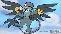 Size: 1200x675 | Tagged: safe, artist:shibaroll, deleted from derpibooru, derpibooru import, gabby, gryphon, chest fluff, cloud, cute, female, flying, food, gabbybetes, ice cream, one eye closed, open mouth, sky, solo, wink