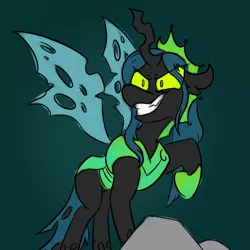 Size: 800x800 | Tagged: artist:antimationyt, changeling, crown, derpibooru import, evil grin, green background, grin, jewelry, queen chrysalis, regalia, safe, simple background, smiling, solo, the ending of the end, ultimate chrysalis