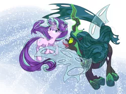 Size: 1600x1200 | Tagged: safe, artist:hananpacha, derpibooru import, queen chrysalis, starlight glimmer, changeling, changeling queen, pony, unicorn, the ending of the end, duo, fangs, female, fight, flying, glowing horn, horn, looking at each other, mare, open mouth, quadrupedal, scene interpretation, snow, ultimate chrysalis