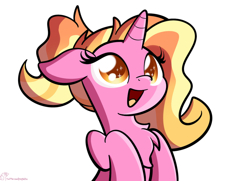 Size: 2048x1536 | Tagged: safe, artist:kimjoman, derpibooru import, luster dawn, pony, unicorn, the last problem, chest fluff, cute, eye sparkles, female, lusterbetes, mare, open mouth, signature, simple background, solo, white background, wingding eyes