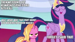 Size: 960x540 | Tagged: safe, derpibooru import, edit, edited screencap, screencap, luster dawn, princess twilight 2.0, twilight sparkle, twilight sparkle (alicorn), alicorn, pony, unicorn, father knows beast, the last problem, caption, exploitable meme, image macro, implied sludge, luster dawn is not amused, meme, mid-blink screencap, older, older twilight, text, twilight 2.0's reminiscences, we don't normally wear clothes