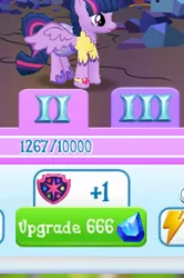 Size: 222x334 | Tagged: safe, derpibooru import, twilight sparkle, twilight sparkle (alicorn), alicorn, pony, 666, clothes, cursed image, dress, female, game, gameloft, gameloft shenanigans, lightning, roman numerals, shield, solo, video game, wings