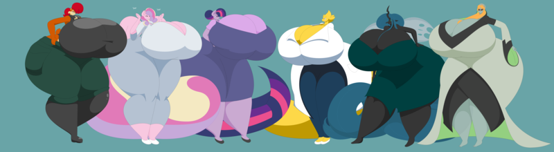 Size: 13444x3700 | Tagged: suggestive, artist:two-ton-neko, derpibooru import, princess cadance, queen chrysalis, twilight sparkle, anthro, changeling, plantigrade anthro, alphys, alternate outfits, amazon, ass, big breasts, blue background, breasts, bugbutt, busty princess cadance, busty queen chrysalis, busty twilight sparkle, butt, butt touch, cleavage, crossover, curvy, expansion, female, females only, fetish, hand on butt, hand on hip, hourglass figure, huge breasts, huge butt, hyper, hyper breasts, impossibly large breasts, impossibly large butt, impossibly large thighs, impossibly wide ass, impossibly wide hips, impossibly wide thighs, large butt, long tail, lovebutt, midna, reversalis, sally acorn, simple background, sonic the hedgehog (series), stacked, the ass was fat, the legend of zelda, the legend of zelda: the wind waker, thicc ass, thighs, thunder thighs, tight clothing, undertale, wide hips