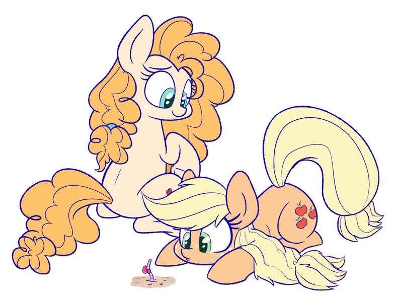 Size: 1280x981 | Tagged: safe, artist:heir-of-rick, derpibooru import, applejack, pear butter, earth pony, earthworm, pony, worm, bow, cute, female, jackabetes, mare, mother and child, mother and daughter, pearabetes, prone, simple background