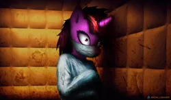 Size: 3223x1888 | Tagged: semi-grimdark, artist:virus-papirus, derpibooru import, part of a set, twilight sparkle, pony, semi-anthro, bipedal, blood, bondage, broken horn, female, gag, horn, insanity, mare, mask, muzzle gag, padded cell, solo, straitjacket, wide eyes