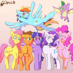 Size: 1500x1500 | Tagged: safe, artist:sozglitch, derpibooru import, applejack, fluttershy, pinkie pie, rainbow dash, rarity, spike, twilight sparkle, twilight sparkle (alicorn), alicorn, dragon, earth pony, pegasus, pony, unicorn, end of ponies, female, male, mane seven, mane six, mare, simple background, winged spike