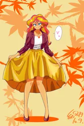Size: 1000x1500 | Tagged: safe, artist:sozglitch, derpibooru import, sunset shimmer, equestria girls, adorasexy, beautiful, blushing, clothes, curtsey, cute, female, heart, high heels, jacket, jewelry, long skirt, necklace, sexy, shimmerbetes, shoes, skirt, solo