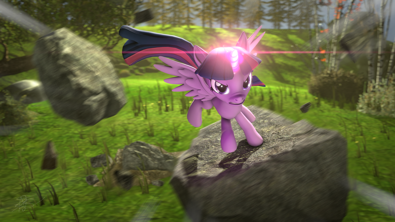 Size: 3840x2160 | Tagged: safe, artist:alicorntwilysparkle, derpibooru import, twilight sparkle, twilight sparkle (alicorn), alicorn, pony, season 9, spoiler:s09, 3d, action, female, forest, grass, horn, jumping, looking at you, magic, mare, nose wrinkle, revamped ponies, rock, solo, source filmmaker, tree