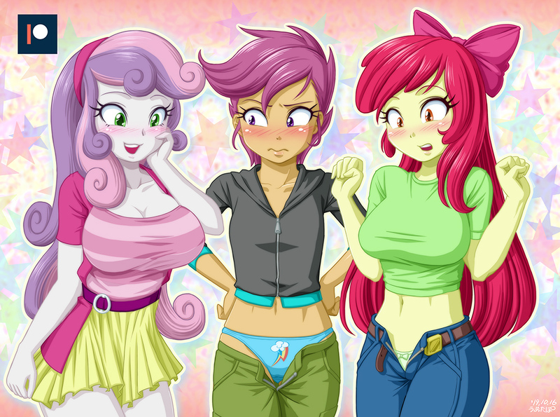 Size: 1000x744 | Tagged: suggestive, artist:uotapo, derpibooru import, apple bloom, scootaloo, sweetie belle, equestria girls, growing up is hard to do, a-cup angst, age progression, apple bloom's bow, belly button, big breasts, blue underwear, blushing, bow, breast envy, breasts, busty apple bloom, busty sweetie belle, cleavage, clothes, cutie mark crusaders, cutie mark underwear, delicious flat chest, embarrassed, embarrassed underwear exposure, female, females only, green underwear, hair bow, jeans, midriff, miniskirt, older, older apple bloom, older cmc, older scootaloo, older sweetie belle, open clothes, open fly, panties, pants, patreon, patreon logo, ribbon, scootaflat, sexy, short shirt, shorts, signature, skirt, stupid sexy sweetie belle, trio, trio female, underwear, unzipped, unzipped pants