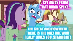 Size: 888x499 | Tagged: safe, derpibooru import, edit, edited screencap, screencap, starlight glimmer, trixie, pony, student counsel, bag, female, implied spike, lesbian, saddle bag, shipping, startrix