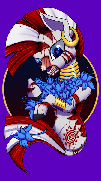 Size: 1861x3309 | Tagged: abstract background, artist:lixthefork, blood, derpibooru import, ear piercing, earring, female, grimdark, jewelry, mare, neck rings, piercing, poison joke, solo, zecora