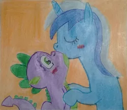Size: 1847x1610 | Tagged: artist needed, blushing, derpibooru import, female, hug, interspecies, kissing, love, male, minuette, safe, shipping, source needed, spigate, spike, straight, traditional art