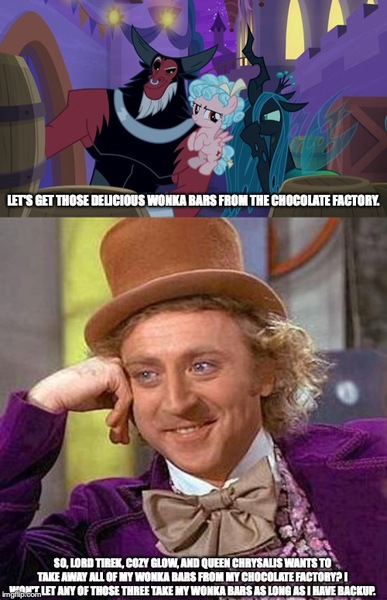 Size: 500x776 | Tagged: artist:jaredking203, caption, condescending wonka, cozy glow, derpibooru import, edit, edited screencap, female, filly, former queen chrysalis, gene wilder, image macro, lord tirek, meme, queen chrysalis, safe, screencap, text, the summer sun setback, willy wonka