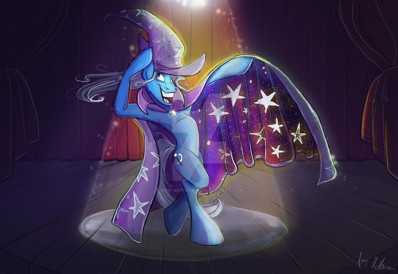 Size: 1280x880 | Tagged: safe, artist:mad--munchkin, derpibooru import, trixie, pony, unicorn, armpits, bipedal, cape, clothes, deviantart watermark, hat, obtrusive watermark, signature, smiling, solo, spotlight, stage, trixie's cape, trixie's hat, watermark