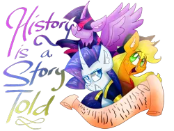 Size: 1024x768 | Tagged: safe, artist:emuuanne, derpibooru import, applejack, rarity, twilight sparkle, twilight sparkle (alicorn), alicorn, pony, the count of monte rainbow, a story told, bust, clothes, curved horn, female, grin, horn, lyrics, open mouth, scroll, simple background, smiling, spread wings, text, the count of monte cristo, transparent background, trio, trio female, wings