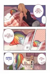 Size: 871x1280 | Tagged: safe, artist:dcon, derpibooru import, applejack, rainbow dash, equestria girls, appledash, apron, bait and switch, bed, clothes, comic, dialogue, female, kitchen, lesbian, shipping, sleeping, speech bubble