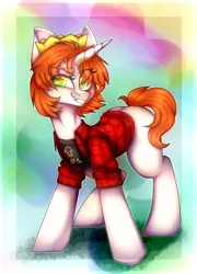 Size: 1800x2500 | Tagged: safe, artist:kooraly, derpibooru import, oc, oc:etoz, unofficial characters only, pony, unicorn, clothes, crown, eyebrows, fangs, female, happy, horn, jewelry, mare, regalia, shirt, smiling, smirk, solo, t-shirt, wingding eyes