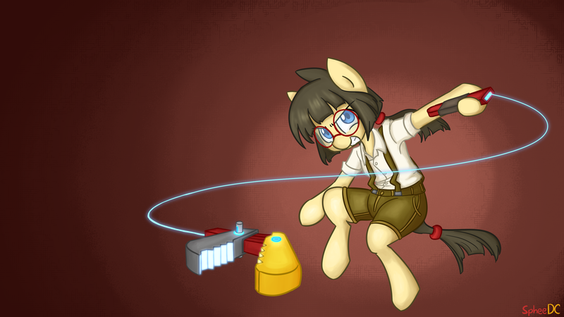 Size: 2732x1536 | Tagged: safe, artist:spheedc, derpibooru import, oc, oc:sphee, unofficial characters only, earth pony, semi-anthro, bipedal, clothes, digital art, female, filly, glasses, gradient background, mare, solo, suspenders