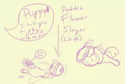 Size: 500x335 | Tagged: safe, artist:retl, derpibooru import, oc, oc:puppysmiles, oc:rainy days, earth pony, pony, ball, broken, eye clipping through hair, female, filly, flower, flower pot, prone, sketch, speech bubble, thought bubble