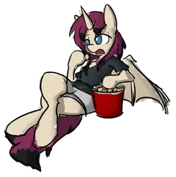 Size: 1625x1630 | Tagged: safe, artist:spheedc, derpibooru import, oc, oc:svarlet batfire, unofficial characters only, alicorn, bat pony, bat pony alicorn, bat pony oc, bat wings, clothes, digital art, eating, female, food, horn, mare, popcorn, simple background, solo, transparent background, wings