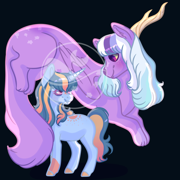 Size: 1000x1000 | Tagged: safe, derpibooru import, oc, oc:satin nebula, oc:sterling spinel, draconequus, hybrid, unicorn, interspecies offspring, magical lesbian spawn, next generation, offspring, parent:discord, parent:sci-twi, parent:sunset shimmer, parent:twilight sparkle, parents:discolight, parents:scitwishimmer