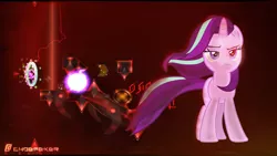 Size: 1920x1080 | Tagged: safe, artist:choefeker, derpibooru import, starlight glimmer, pony, unicorn, the ending of the end, badass, cool guys don't look at explosions, explosion, geometry dash, leaves, lidded eyes, magic, solo, starlight glimmer in places she shouldn't be, walking away from explosion, windswept mane