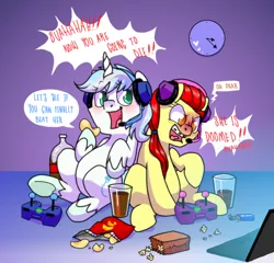 Size: 1050x1010 | Tagged: safe, artist:paperbagpony, derpibooru import, oc, oc:frozen rose, oc:taekwon magic, earth pony, unicorn, chips, clock, computer, dialogue, food, headphones, laptop computer, paper bag, playing, popcorn, soda