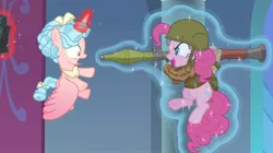 Size: 1344x752 | Tagged: safe, artist:buckweiser, derpibooru import, edit, edited screencap, screencap, cozy glow, pinkie pie, alicorn, pony, the ending of the end, afghanistan, alicornified, bell, cozybuse, cozycorn, evil grin, grin, grogar's bell, jamsheed, levitation, magic, party bazooka, race swap, rpg-7, smiling, surprise motherfucker, telekinesis, this will end in death, this will end in explosions, this will end in pain and/or death, weapon