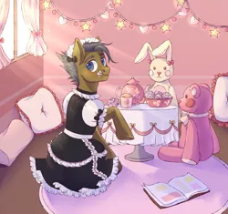 Size: 3000x2821 | Tagged: safe, artist:djkaskan, derpibooru import, oc, pony, book, bow, clothes, crossdressing, cup, cupcake, cute, dress, food, frills, looking at you, maid, maid headdress, male, pillow, plushie, smiling, stallion, stuffed animals, tea, teacup, teapot, zipper